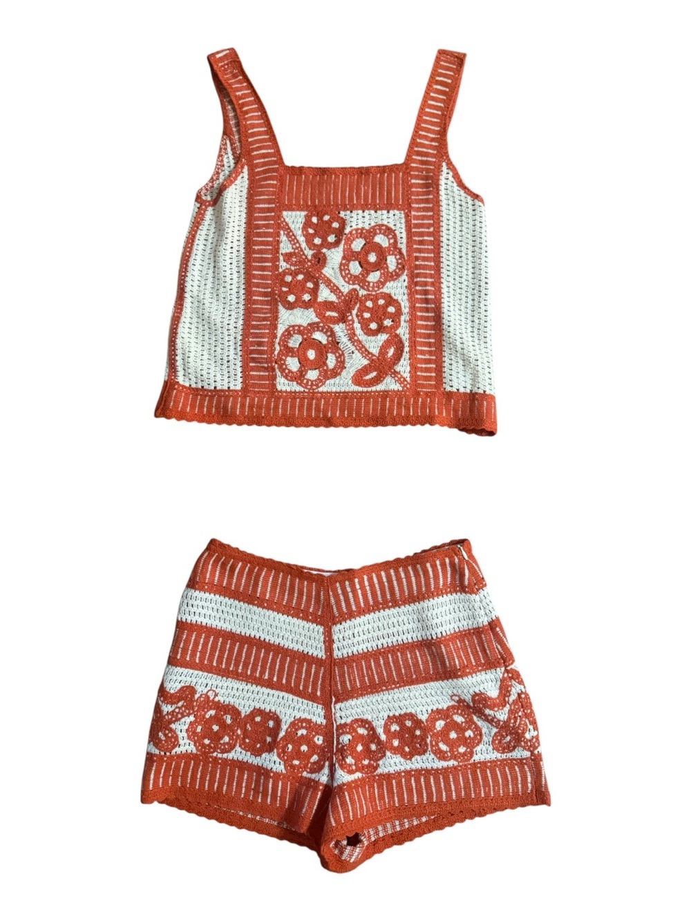 Chic Happens S Crochet Floral Tank & ShortSet Orange Cream Beach Summer Vacation